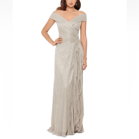 XSCAPE Gold Off Shoulder Short Sleeve Cascading Ruffle Full-Length Formal Gown - Picture 1 of 13